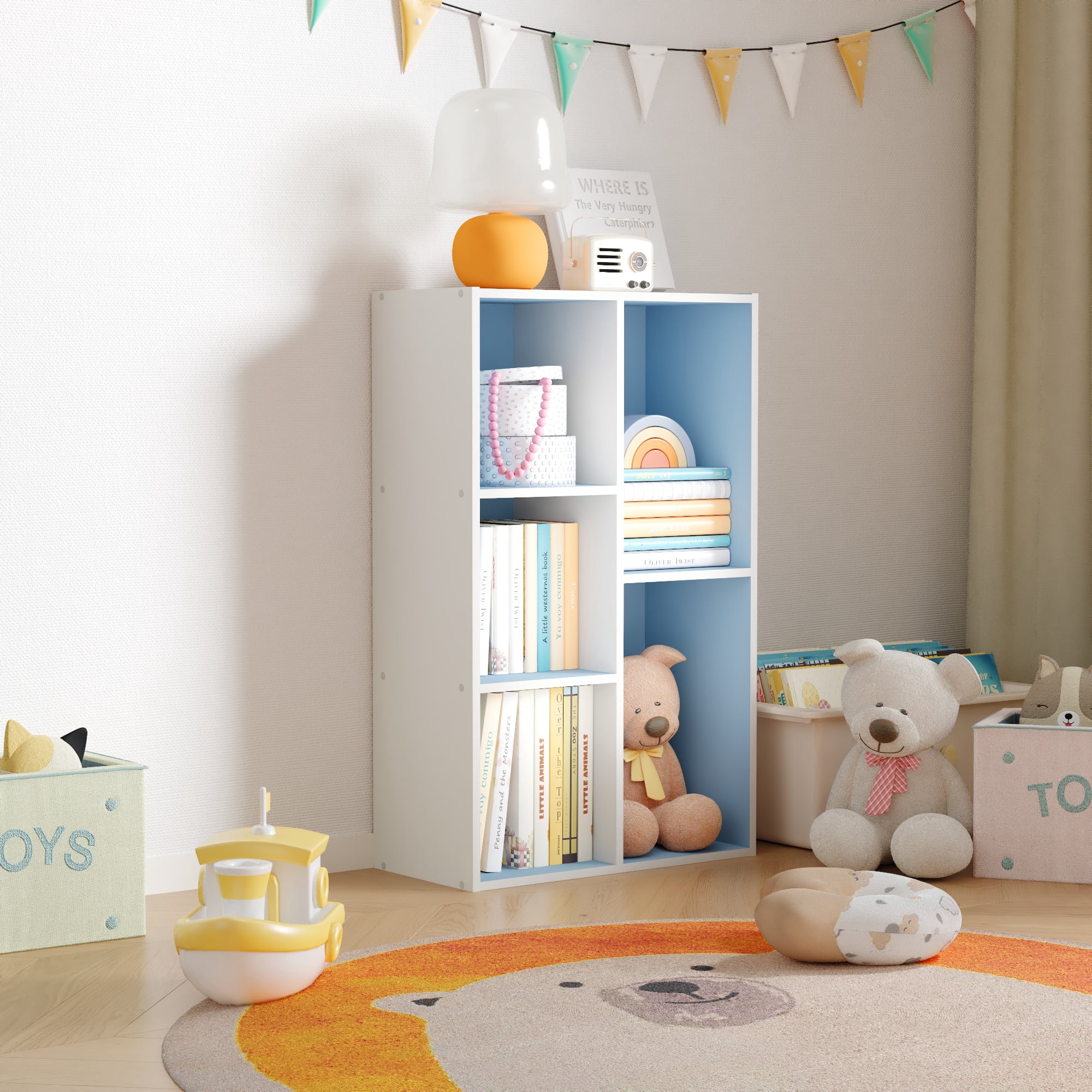 HOMLUX 5-Cube 31.5" Wooden Reversible Open Bookcase for Office, Living Room, White & Light Blue