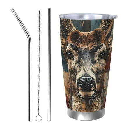 

Goofa American Flag Deer Art for 20 oz Skinny Tumbler Stainless Steel Coffee Mug Slim Vacuum Insulated Travel Cup Car Cup-Straw Three-piece Set