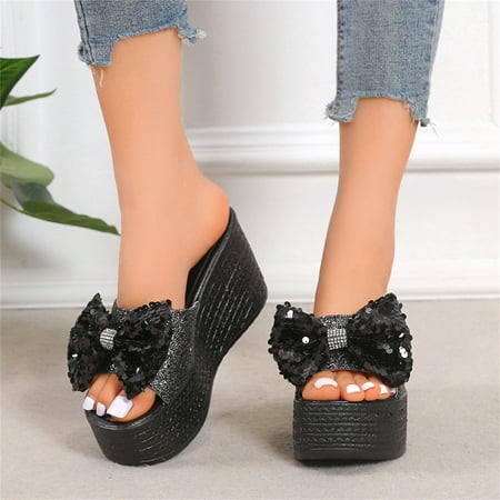 

Ladies Fashion Sequined Fish Mouth Platform Wedge Casual Sandals Beach Slippers Gray 6.5