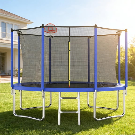 Outdoor Trampoline for Kids, Seizeen 12FT Kids Trampoline W/ Enclosure Net, Heavy-duty Rebounder Trampoline with Basketball Hoop, Ladder, Upgraded 4-W Support