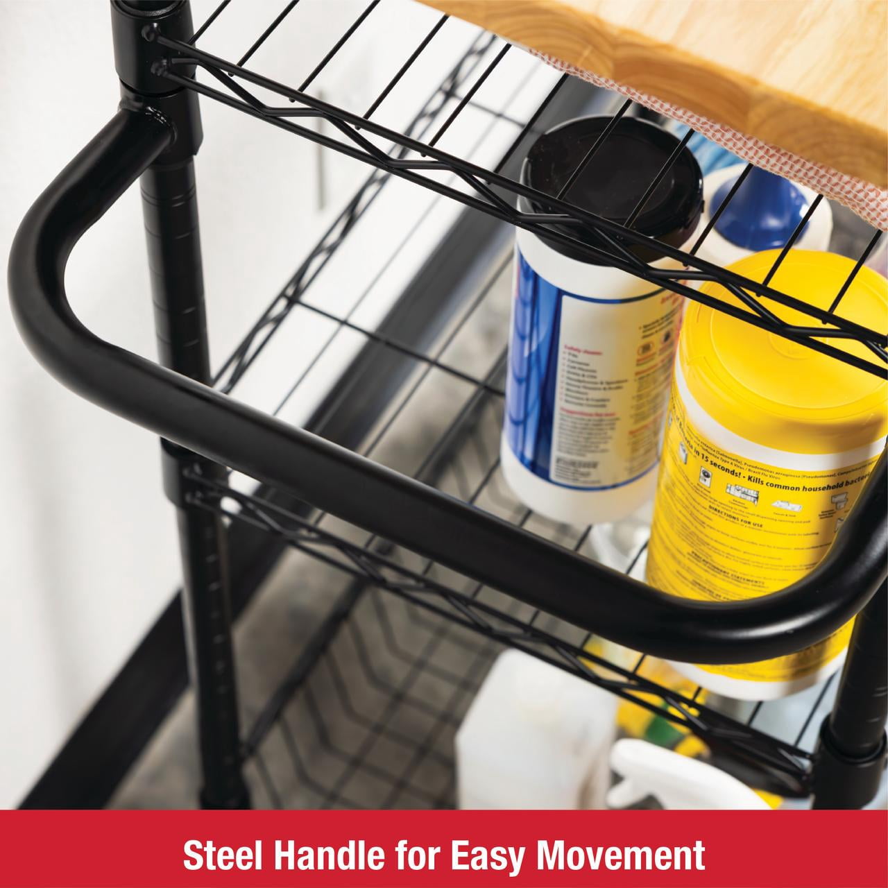 Rubbermaid 3-Tier Heavy Duty Black Rolling Utility Cart with Solid Wood Top, 300lb Capacity