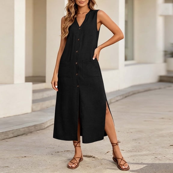 Uscallm Women's V Neck Sleeveless Button Down Boho Maxi Dress Casual Flowy Long Travel Dresses Lightweight Summer Beach Sundress, Black 2XL