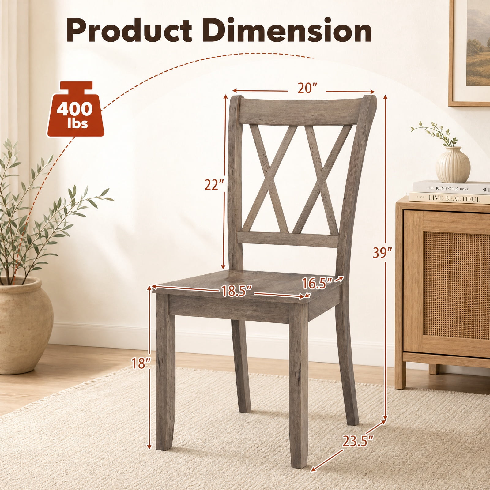 Furnibear Mid Century Wooden Dining Chairs Set of 2 with High Backrest and Solid Rubber Wood Frame for Farmhouse Kitchen, Brown