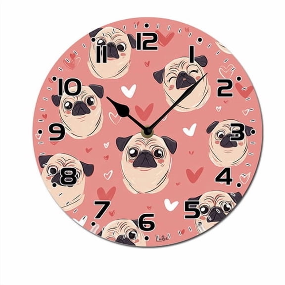 ZXCXRQFa Silent Clocks Cute Pug Themed Wood Wall Clock Silent Non-Ticking Kitchen Desk Clock Battery Operated Analog Decorative Round Clocks 10 in Garden Home Decor