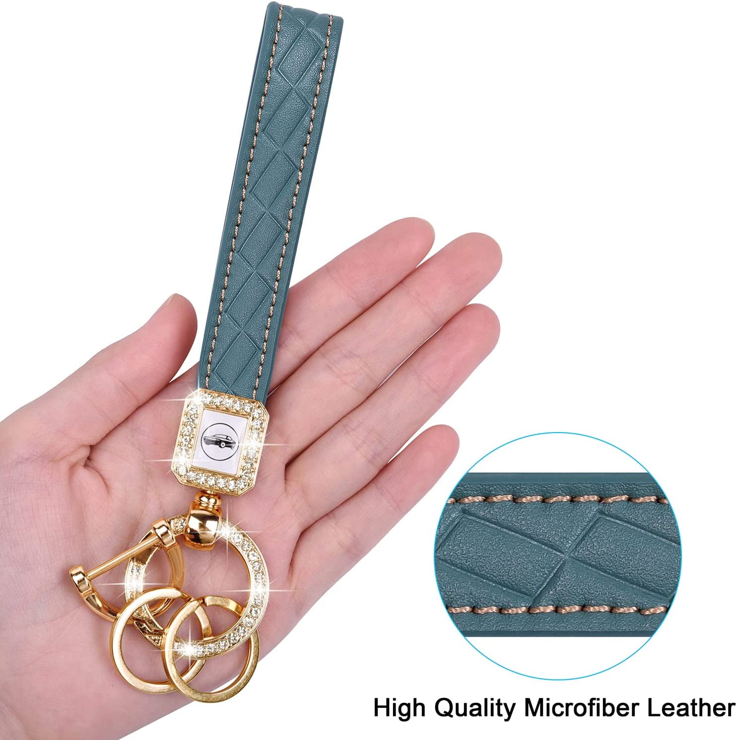 Bling Leather Car Keychain ,Anti-lost D-ring and 2 Key Rings Leather Key  Chain Crystal Diamond Keychains for Women