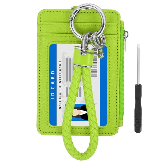 4.7 x 3.2 x 0.2" Slim PU Leather Card Holder Wallet,  1 Set Small Front Pocket Credit Card Case Zipper Coin Wallets with ID Window & Braided Keychain for Women Men, Green