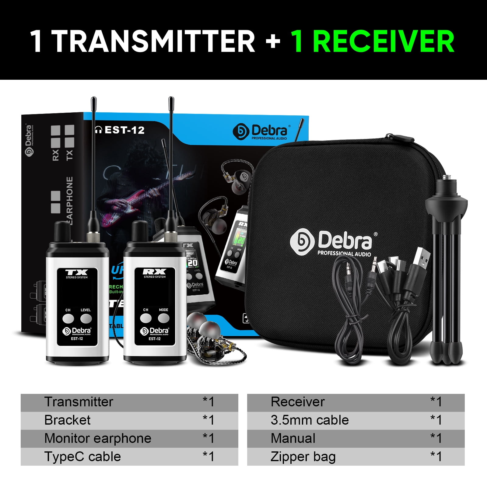 D Debra Audio PRO EST-12 UHF Stereo Mini Wireless In-Ear Monitor System, with Rechargeable Lithium Battery Monitor Type for Stage, Band, Studio, Musician, Monitor (1 Transmitter & 1 Receiver)