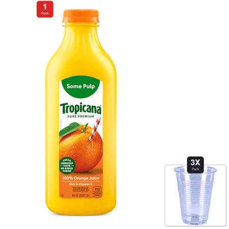 1 Pack | Tropicana Pure Premium 100% Orange Juice Original, Some Pulp, No Sugar Added, 46 Fl Oz & 3x Disposable Cup