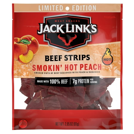 Jack Link’s Smokin’ Hot Peach Steak Strips, 100% Beef, 7g of Protein per Serving, 2.85 oz Bag