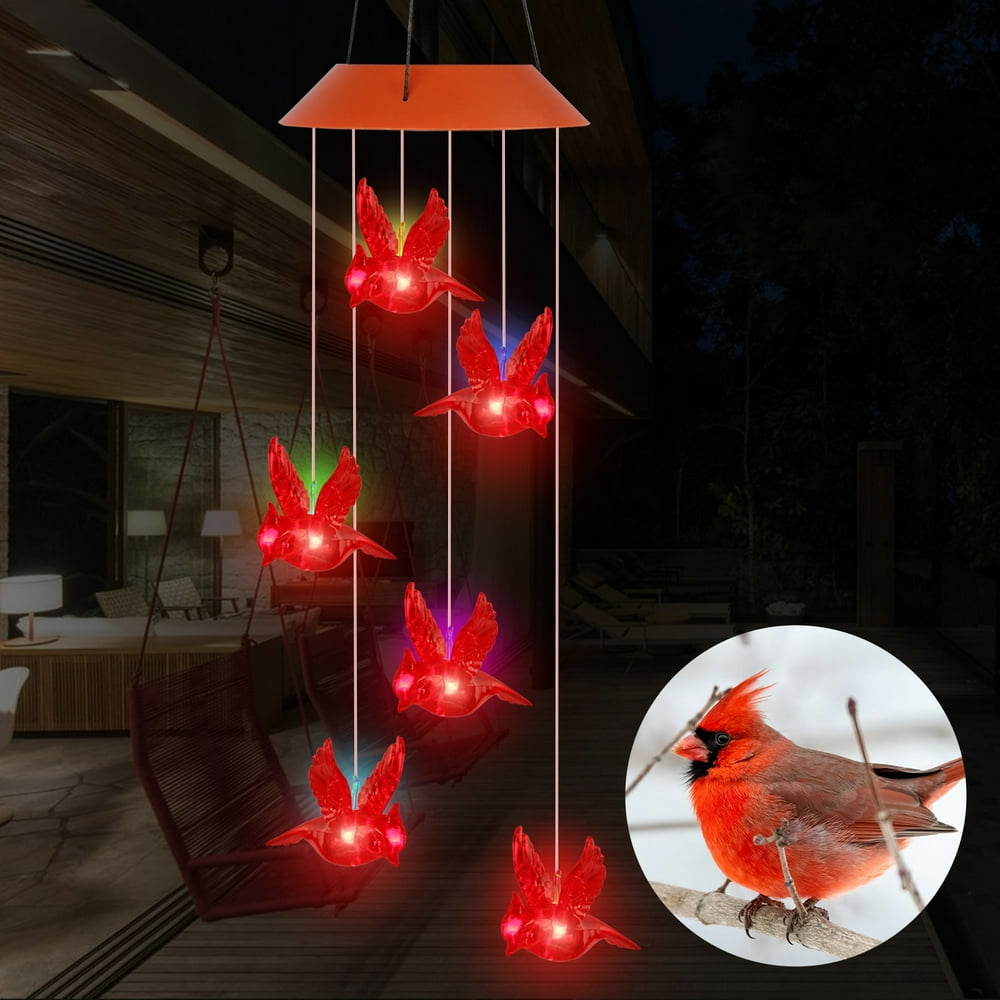 Solar Cardinal Red Bird Wind Chime Lights, TSV Hanging Red Bird Wind ...