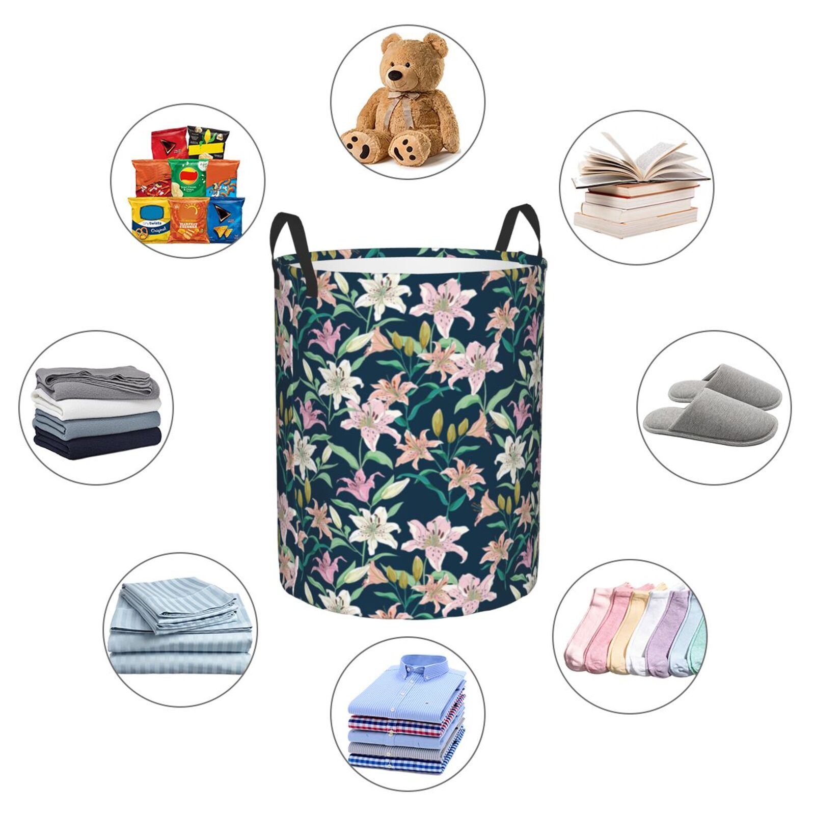 Large Laundry Basket with Handles - Lilies Flowers Gorgeous Pink Kids Baby Dirty Clothes Laundry Hamper for Bedroom Aesthetic