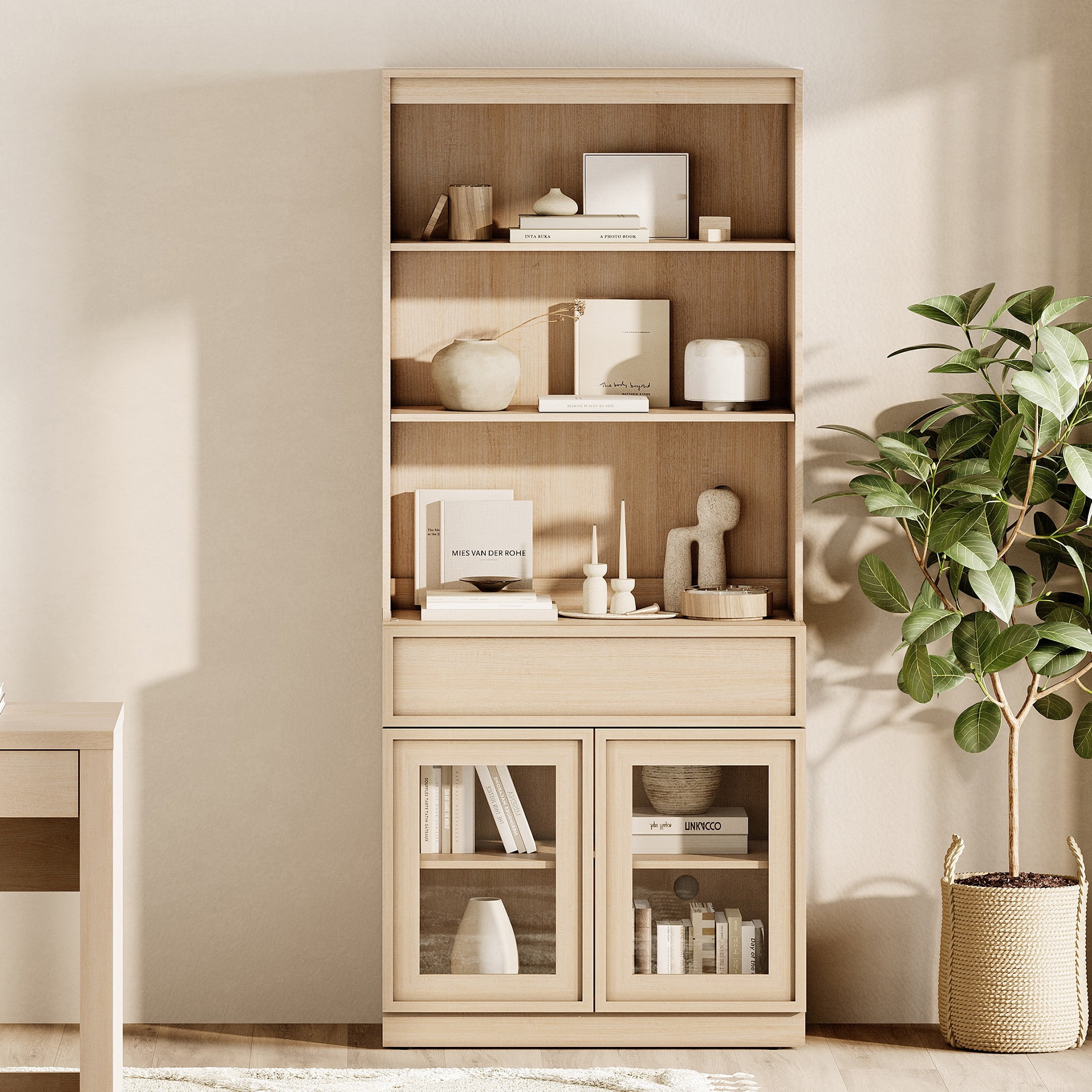Modern 72" Tall Bookshelf with Glass Doors & Drawers, Library Bookcase with Storage Cabinet and Open Shelves,Beige