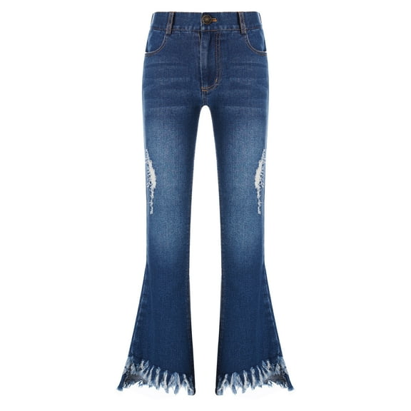 Rswnyirn Kids Girls Ripped Tassel Bell Bottom Jeans Wide Leg Distressed Denim Pants Flare Denim Dark Blue 16
