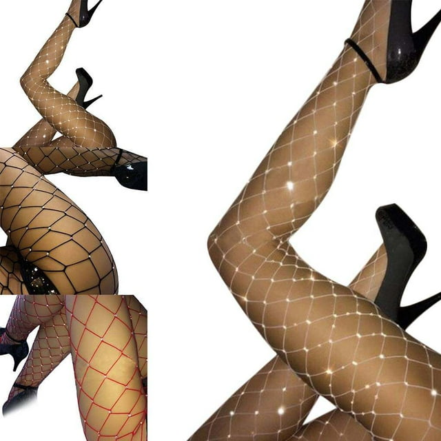 Women Fishnet Stockings Rhinestone Decoration Pantyhose Long Hosiery Stockings Socks Clubwear Accessory for Dancing Party Performance White