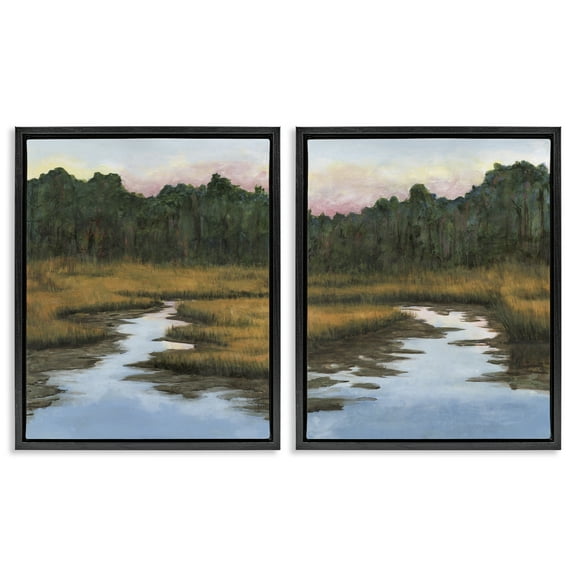 Stupell Industries Natural Creek in Countryside Landscape & Nature Painting Black Floater Framed Canvas Art Print Wall Art, 17 x 21, Set of 2