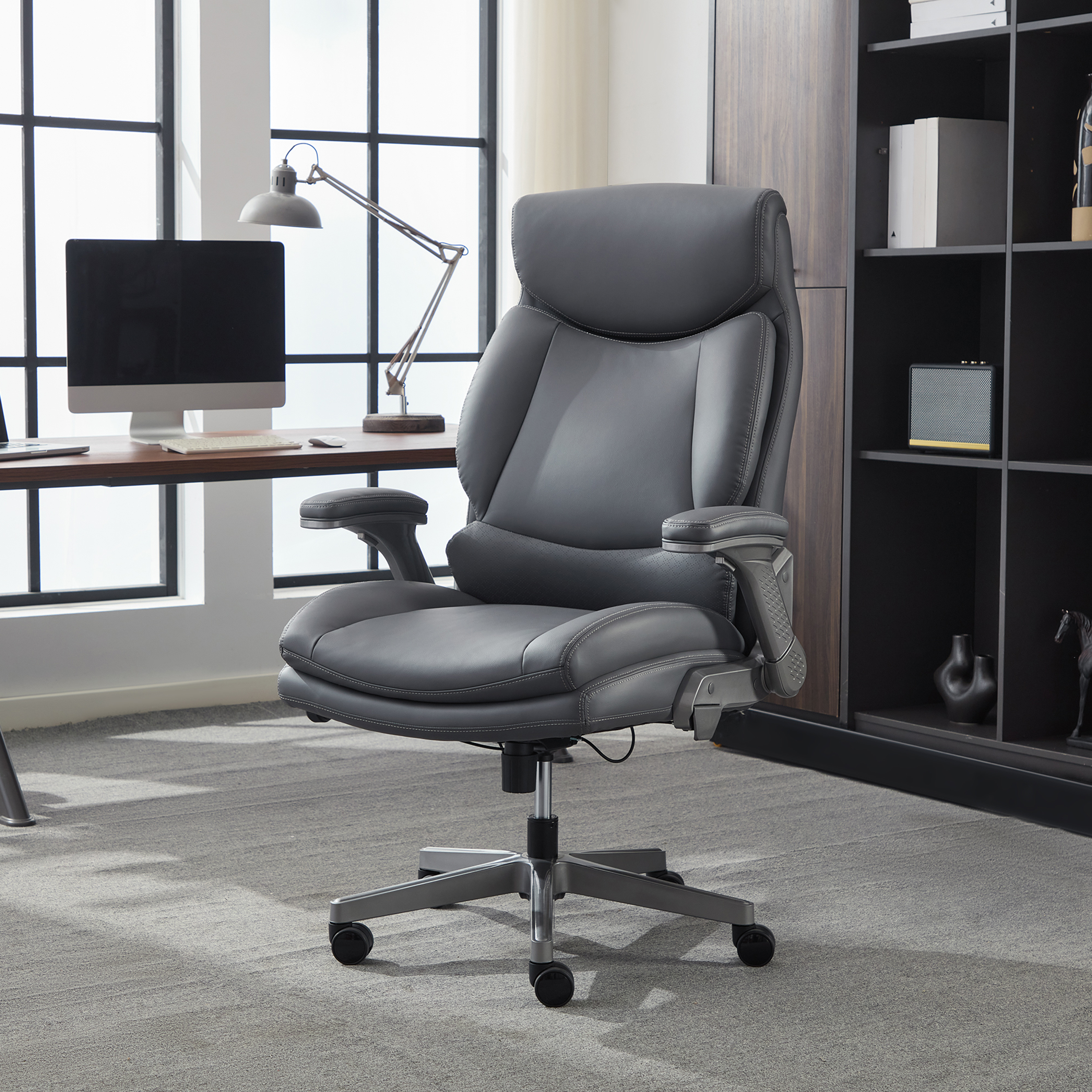 Shaq Tarvos Premium Ergonomic Big & Tall Office Chair, PureSoft Upholstery with Height Adjustable and Flip-Up Arms, Gray
