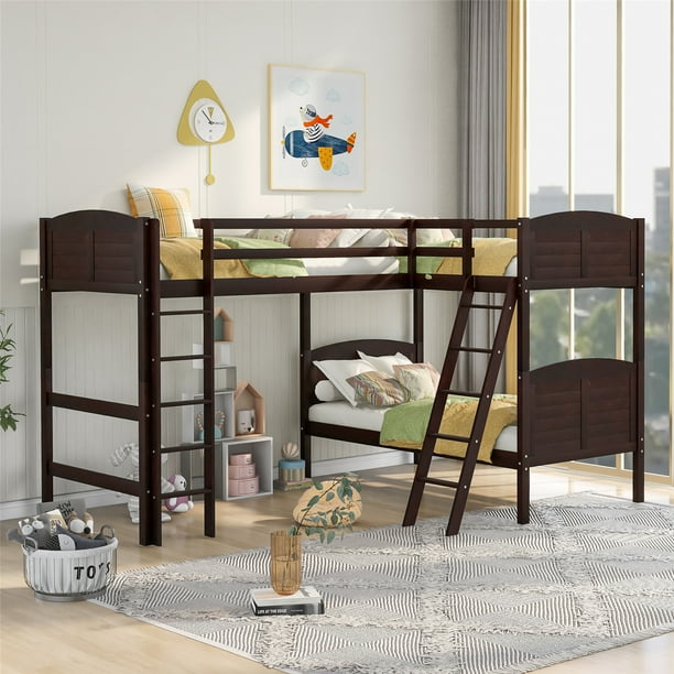 LShaped Triple Bunk Bed with 2 Ladders, Solid Wood Triple bunk Bed