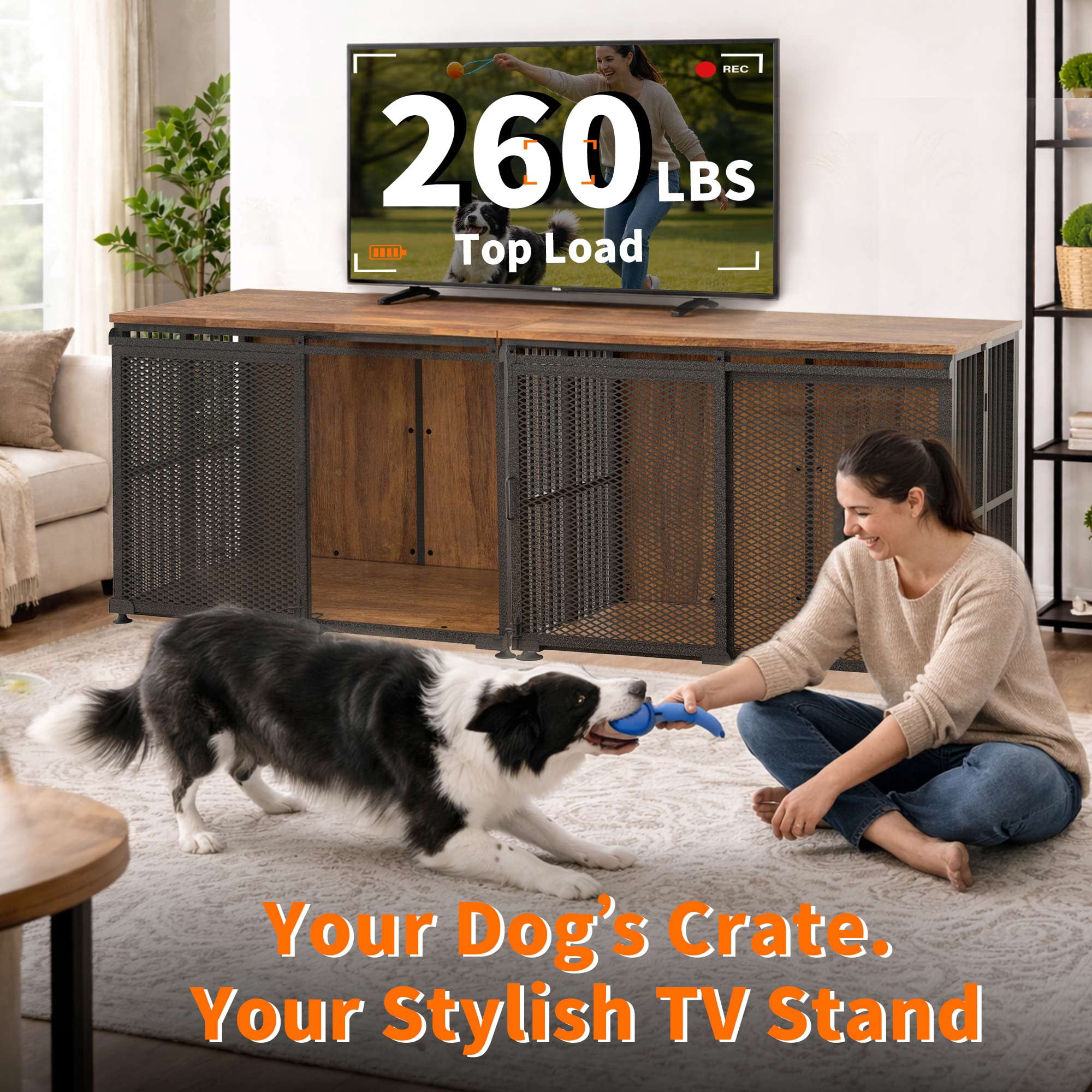 42 Inch Large Dog Crate Furniture, Foldable Setup in 30 Seconds, Sliding Barn Door, 260 LBS Top