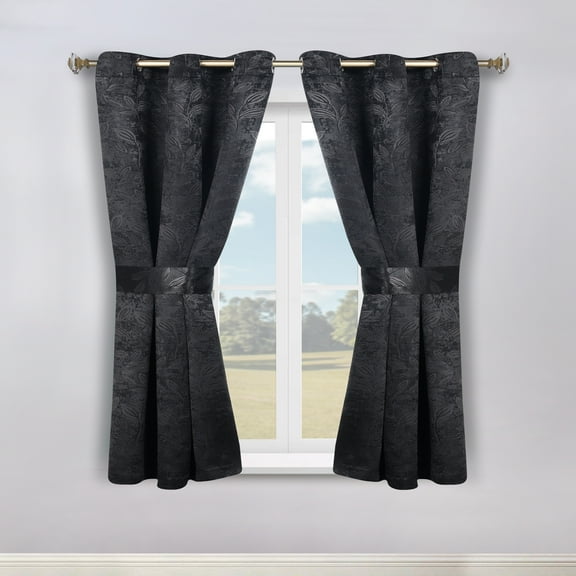 Superior Blackout Leaves Light Filtering Grommet Curtain Panel Set, 46"x63", Black-Black