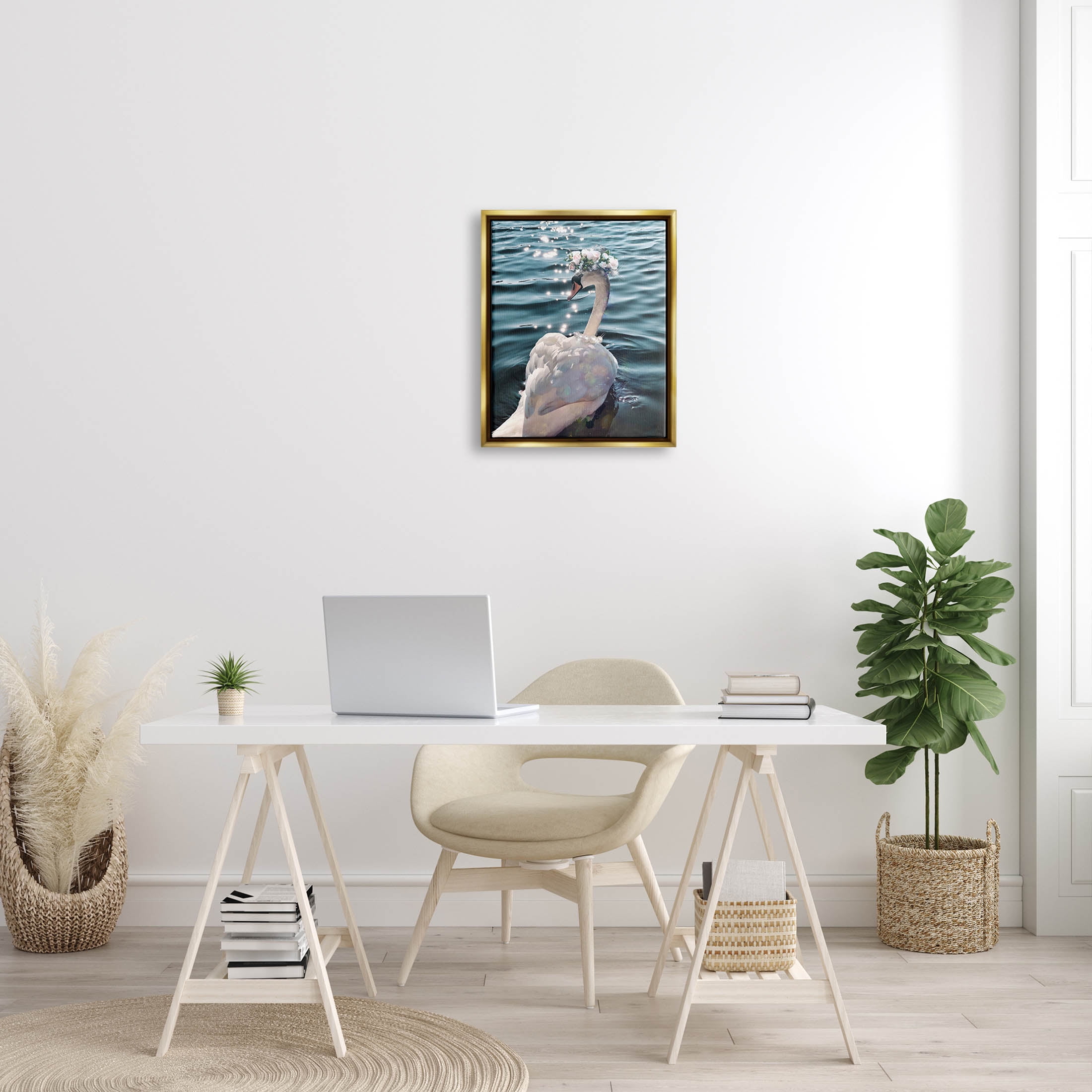Flower Crown Swan Lake Ripples Animals & Insects Graphic Art Metallic Gold Framed Art Print Wall Art