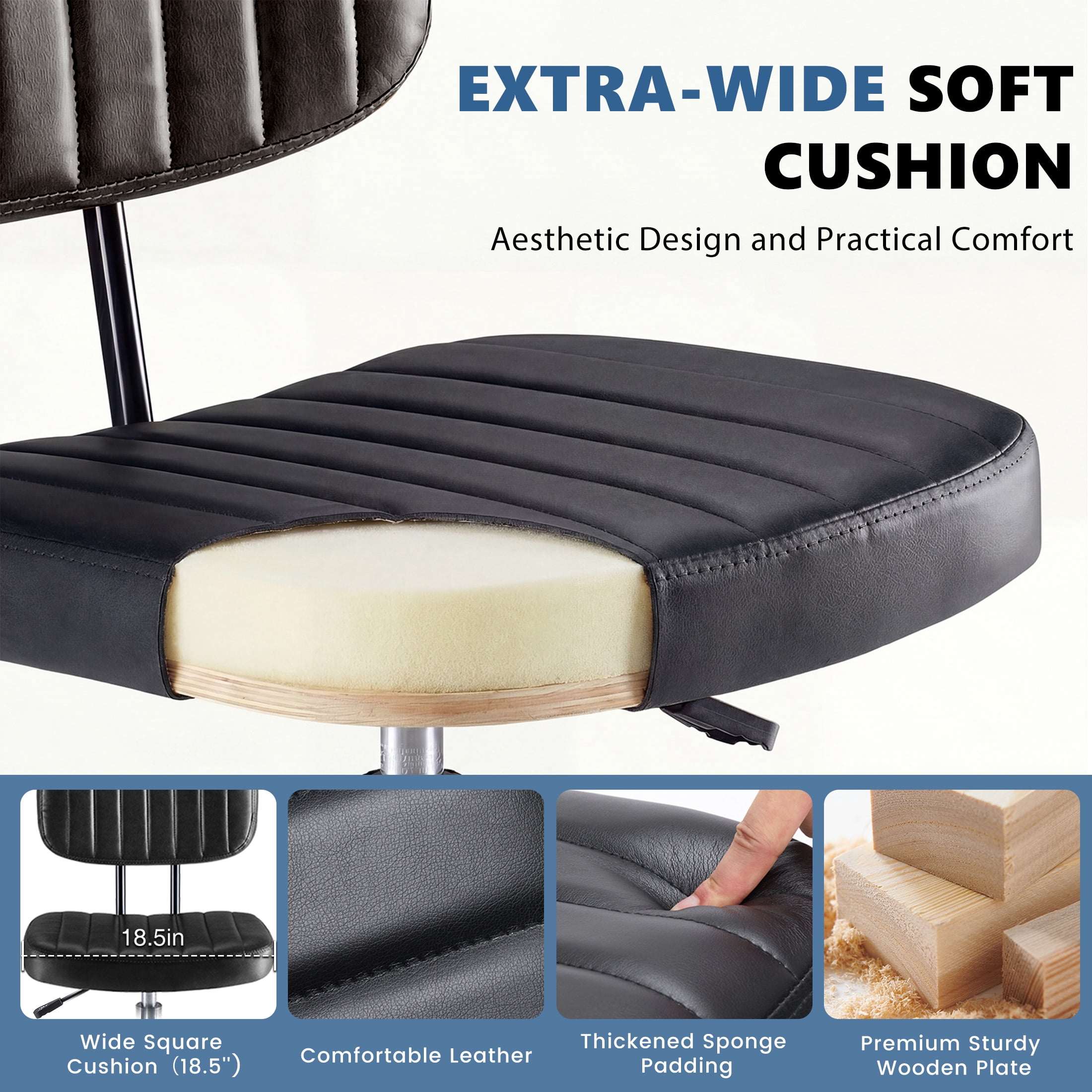 edx Adjustable Height & Foot Rest Office Desk Chairs with Backrest, PU Leather Modern Rolling Stool with Wheels 360°Swivel Task Chair for Home Office Bar Kitchen Shop(Black)