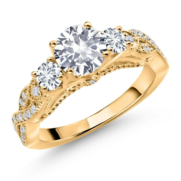 Gem Stone King 18K Yellow Gold Plated Silver White Created Sapphire White Lab Grown Diamond and White Moissanite Engagement Ring for Women (1.47 Ct, Gemstone September Birthstone, Round 6MM, Size 9)
