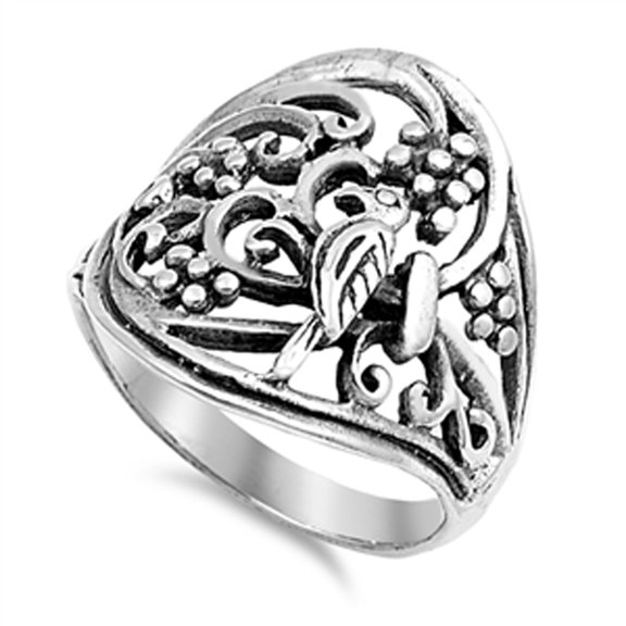 Oxidized Bird Jungle Animal Fruit Filigree Ring Sterling Silver Band 925 Jewelry Female Male Size 10