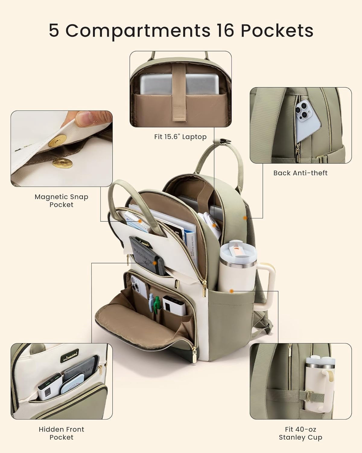 LOVEVOOK Laptop Backpack for Women with Giant Tumbler Holder Pocket, 15.6 inch Travel Work Backpack Purse for Teacher Nurse, Waterproof College Book Bag Cute Casual Daypack, Beige-Black-Brown