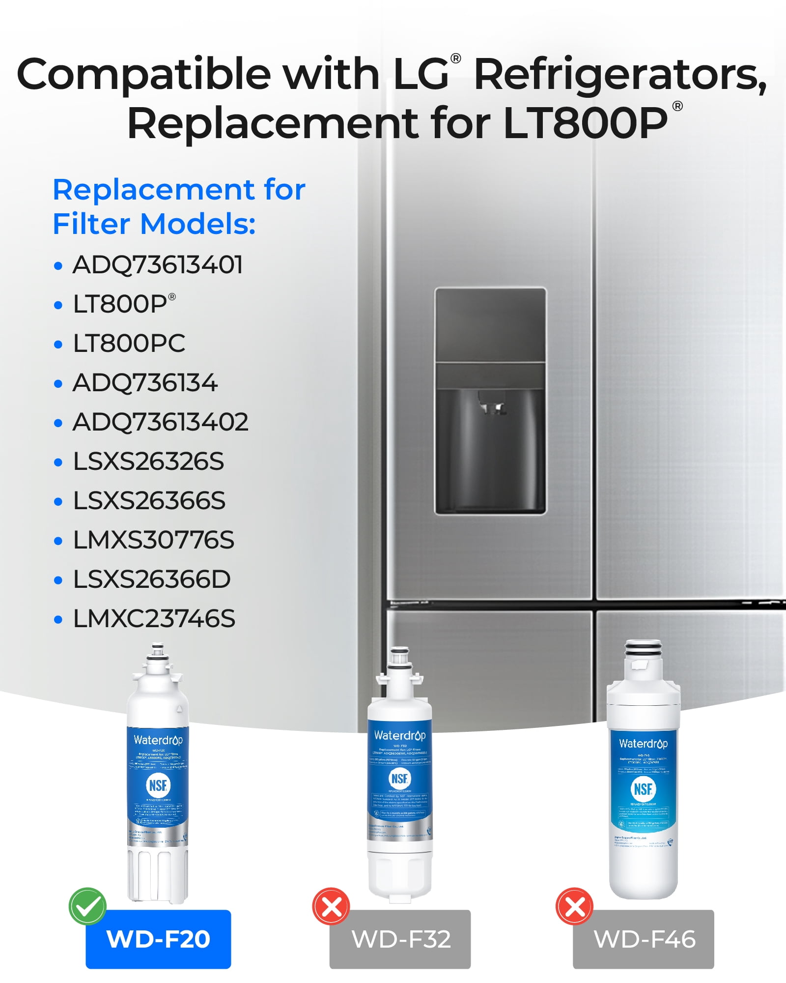 Waterdrop ADQ73613401 Replacement for LG®, ADQ73613402, ADQ73613408, ADQ75795104, Kenmore 9490, LSXS26326S, LMXC23746S, LSXS26366S, LSXS26386D, Refrigerator Water Filter, WD-F20, Pack of 2