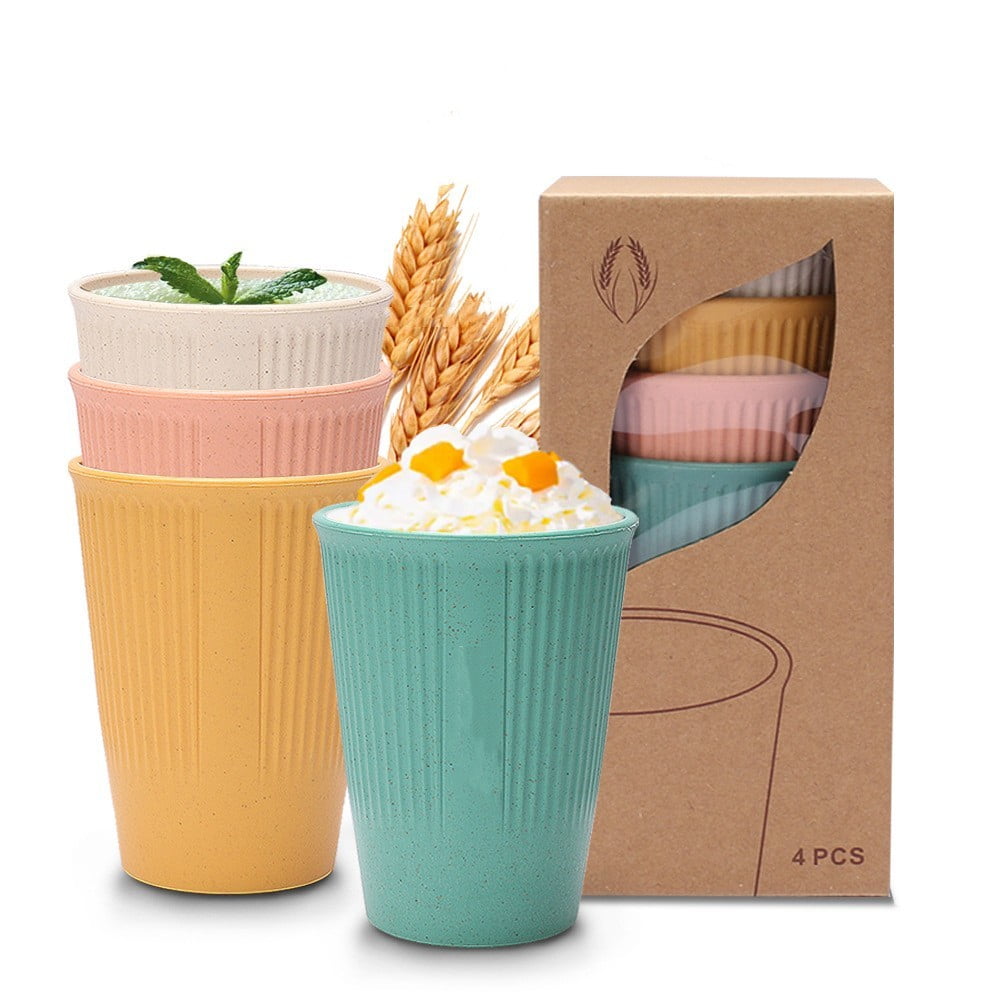 4 Pack Wheat Straw Cups 12oz Drinking Cups for Kids & Adults Natural