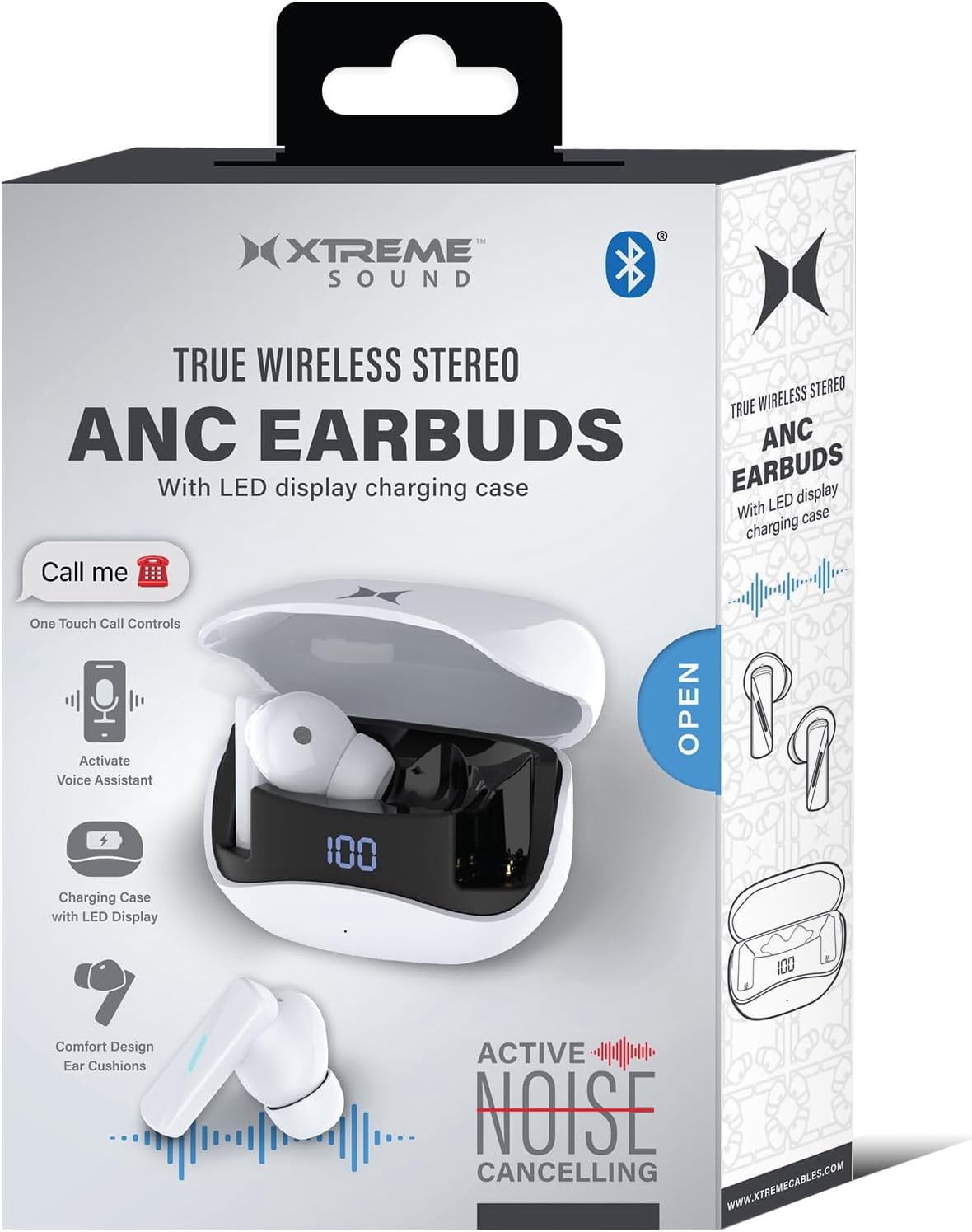 Xtreme Bluetooth Earbuds with True Wireless Stereo and Active Noise Cancelation, Charging Case with LED Display, up to 4 Hour Play Time, USB C Charging, Microphone, One Touch Controls (White)