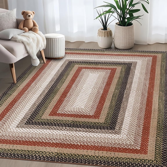 5x7 Washable Area Rug, Low Pile Printed Braided Rug with Non Slip TPR Backing, Soft Polyester Farmhouse Carpet for Living Room, Bedroom, Dining Room, Home Office,Red Black