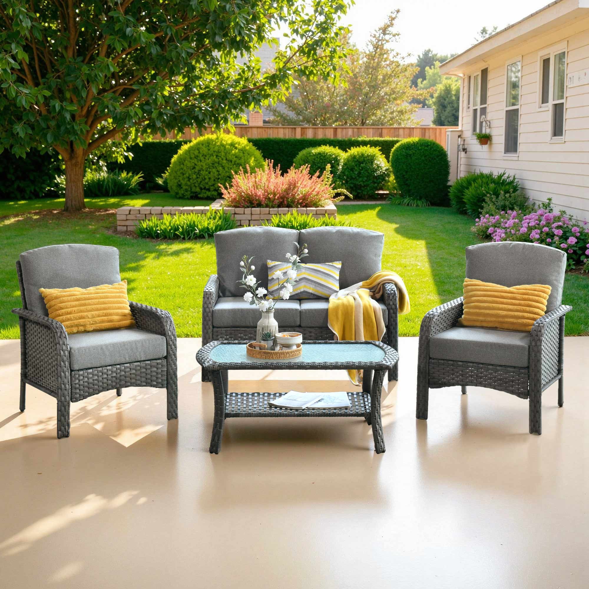 Ovios 4 Pieces Wicker Outdoor Patio Furniture with Coffee Table High Back All Weather Rattan Outdoor Sectional Conversation Set for Backyard Porch Garden, Dark Gray