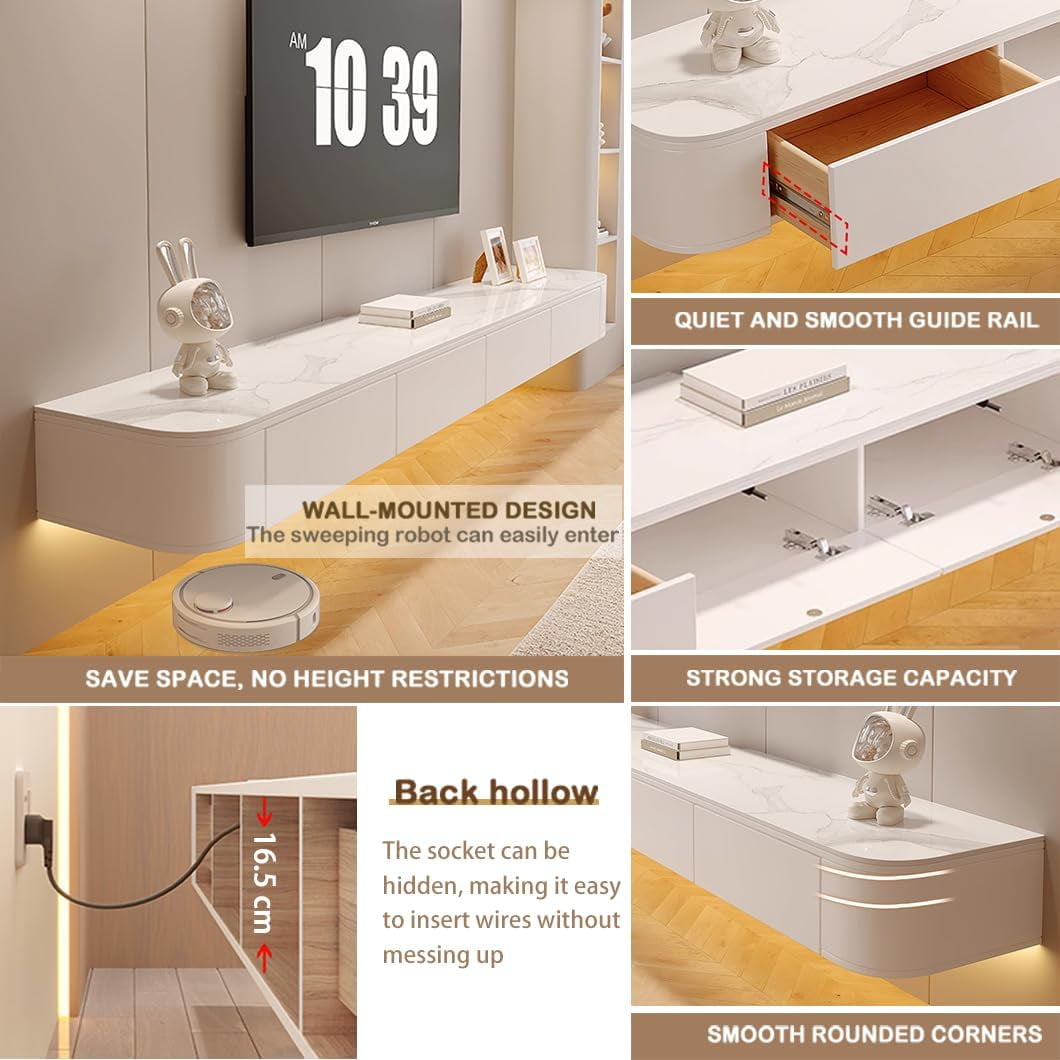 Modern Floating TV Unit with LED Lighting | Wall-Mounted Entertainment Media Console | Large Storage TV Bench for Living Room & Office (Texture + White, 70.8'')