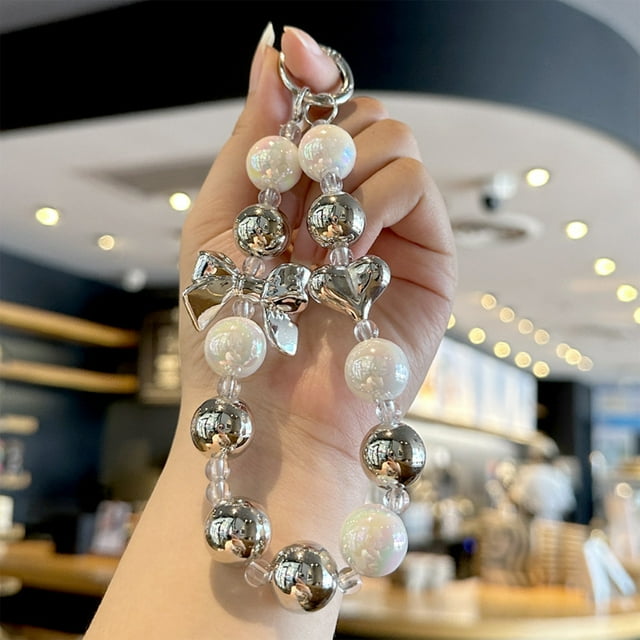 Fiudx Pulsera de Cuentas Acrílicas, Elegante Colgante de Amor, Llavero con Lazo, Accesorio Versátil para Funda de Teléfono, Joya Decorativa, Elegantes Detalles de Perla de Imitación, Tamaño 15 X 15 C