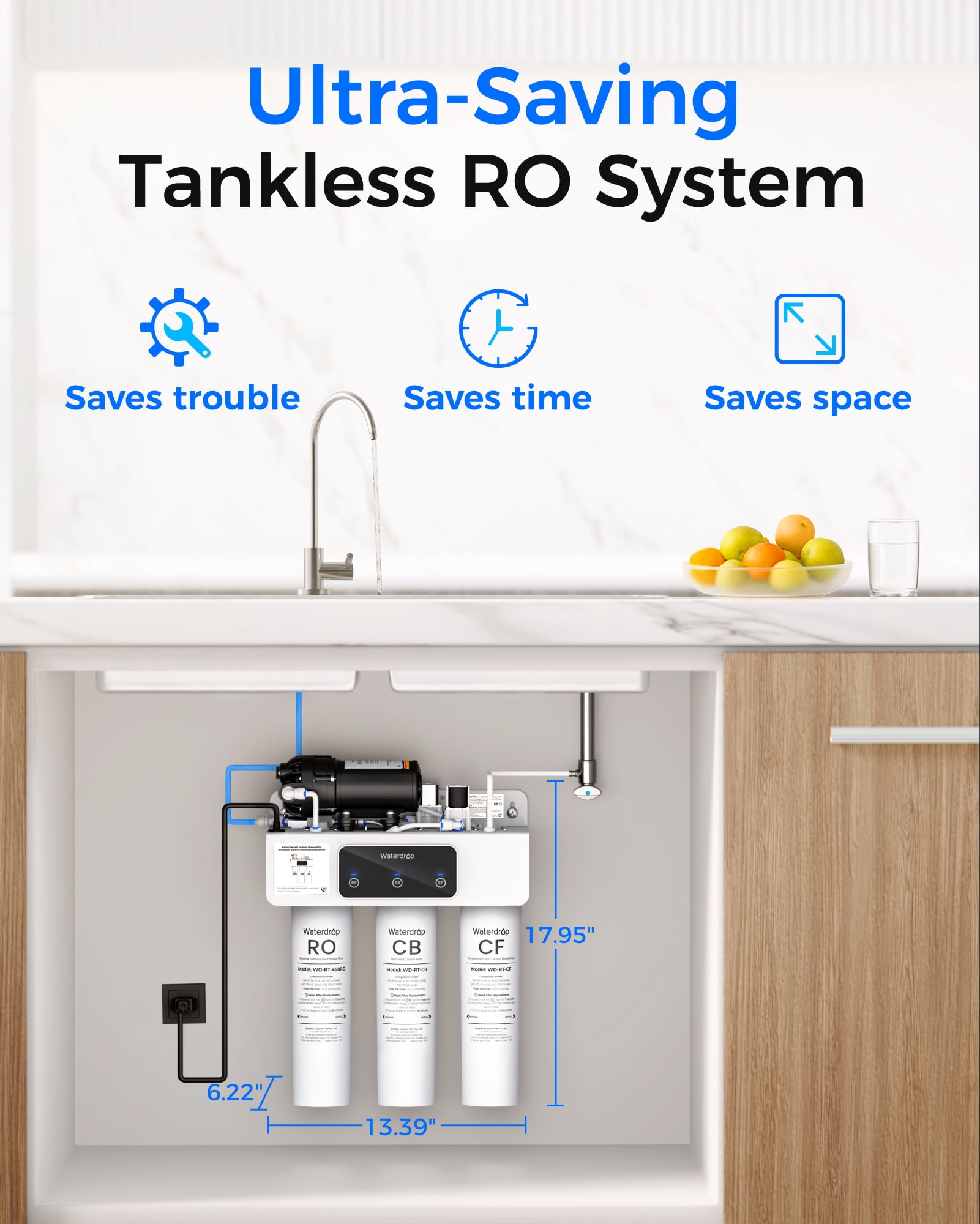 Restored Waterdrop WD-T3-C Reverse Osmosis Water Filter,450GPD,8-Stage Under Sink RO Water Filter, 450G Tankless Water Filtration System, 2:1 Pure to Drain, BPA Free, Plug-in Required (Refurbished)