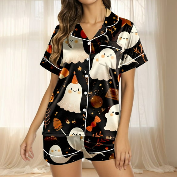 BILIKEYU Women's Pajama Sets Halloween Print Buttoned Waist Set, Womens Tops, Pajamas for Women Set, Halloween Pajamas Women