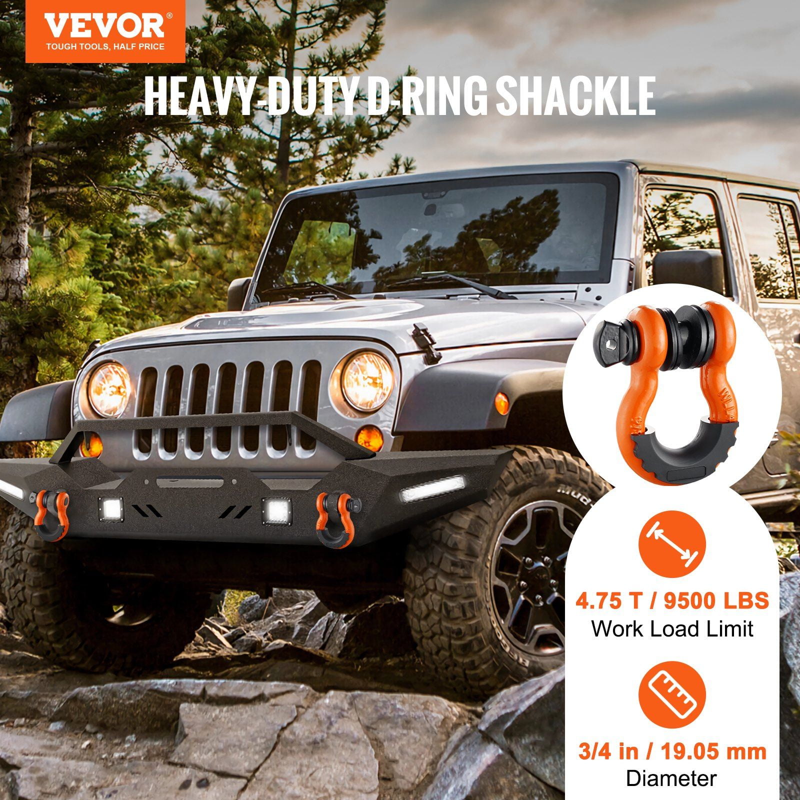 3/4 Inch D Ring Shackle 2 Pack 28.5 Ton Break Strength Alloy Steel with 7/8 Inch Screw Pin Isolators Washers Heavy Duty Off Road Recovery for Jeep Truck Orange