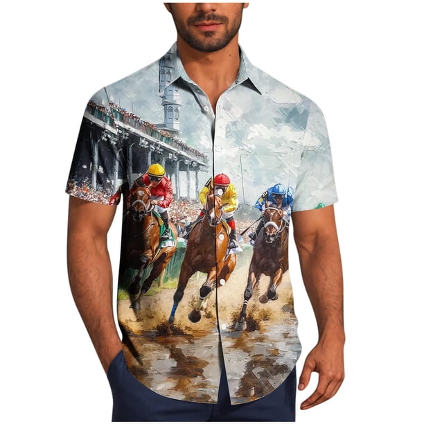 Mens Casual Manga Corta Botón Abajo Camisas Turndown Cuello Blusa de Impresión, Poliéster Ligero Top de la Moda para el Verano Al Aire Libre Y el Uso Diario