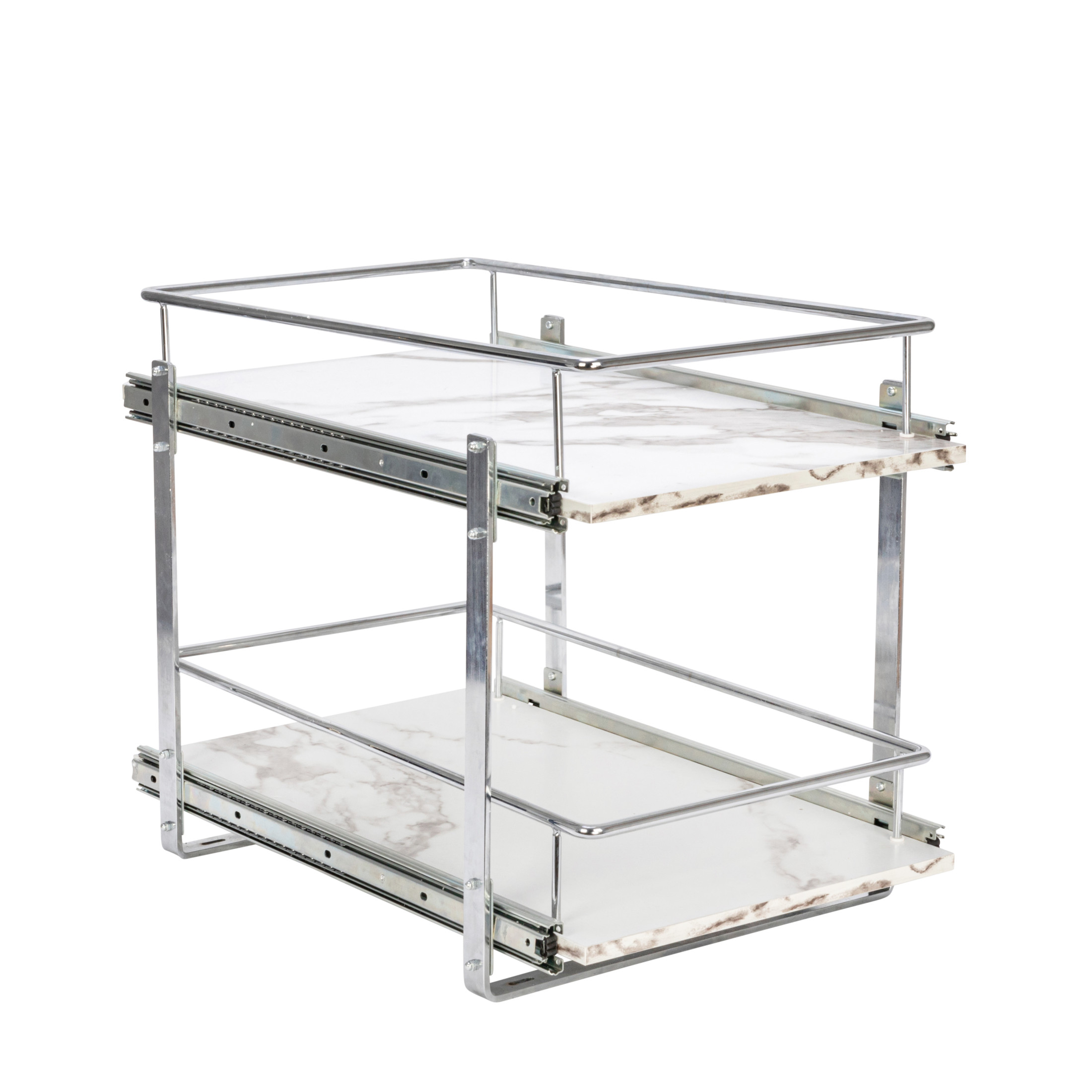 Household Essentials Glidez Chrome-Plated Steel and Faux Marble Pull-Out/Slide-Out Storage Organizer for Under Cabinet Use - 2-Tier Design - Fits Standard Size Cabinet or Shelf, White and Chrome