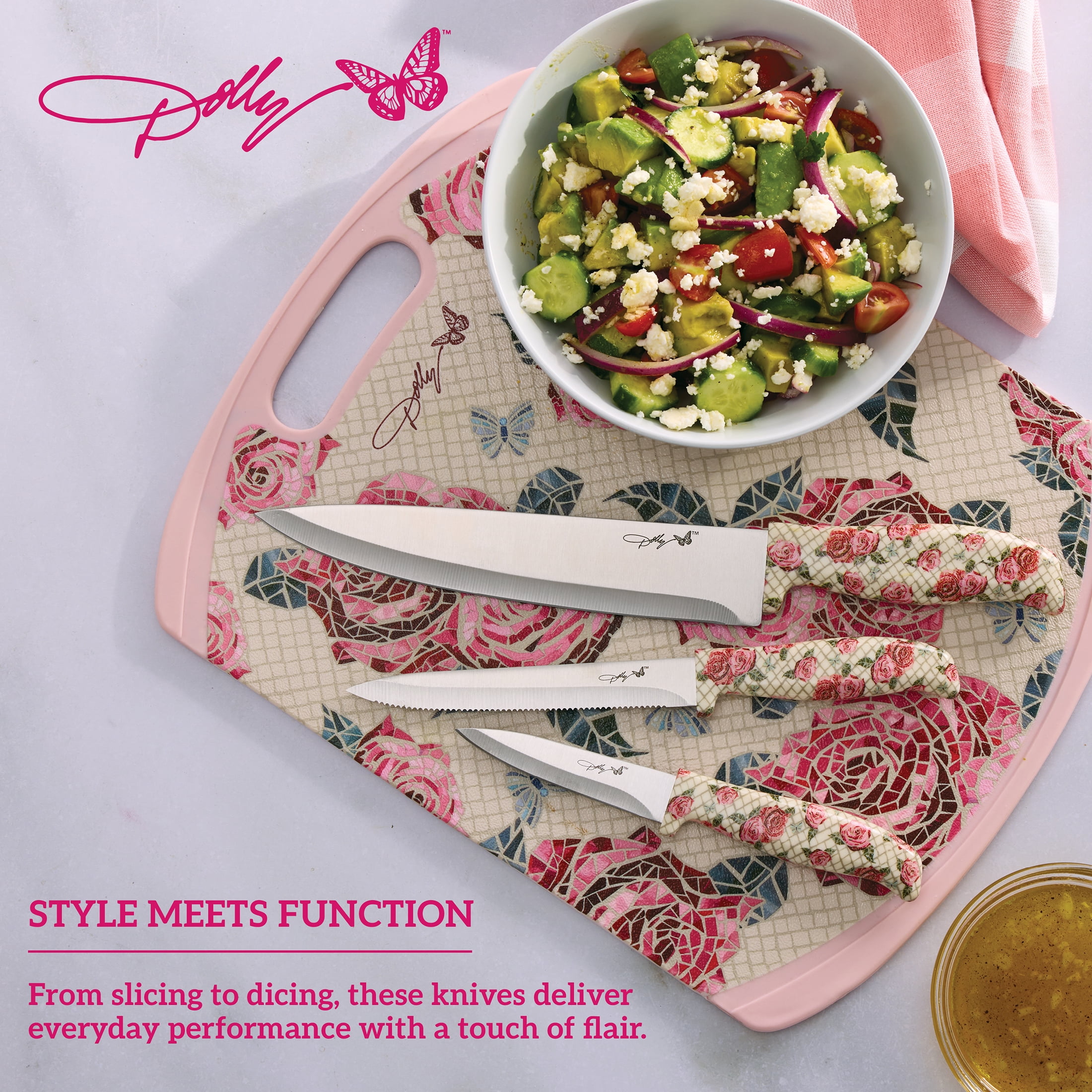 Dolly Parton 3-Piece Chef Knife Set with Rose Pattern Handles for Kitchen Prep