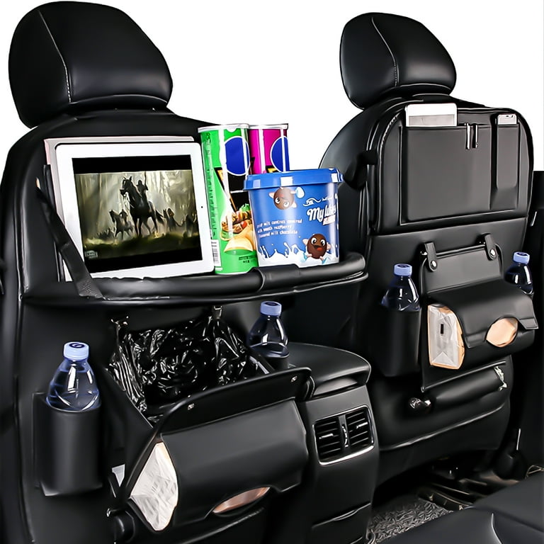 Black PU Leather Car Seat Organizer With Food Tray / Back Seat