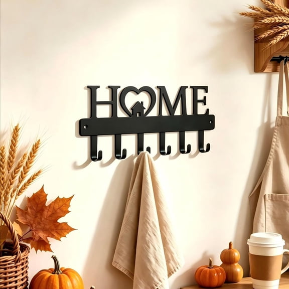 Wall Mounted Key Holder with 5 Hooks, Black Metal Key Rack for Entryway, Mudroom and Hallway, Decorative Wall Organizer for Keys, Bags and Leashes
