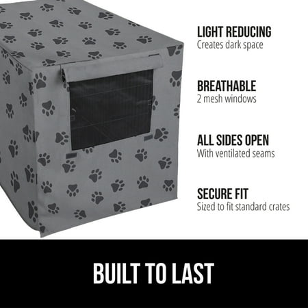 GORILLA GRIP Dog Crate Cover, Fits 24 Indoor Kennel Cage, Breathable Mesh Windows, Gray Paw