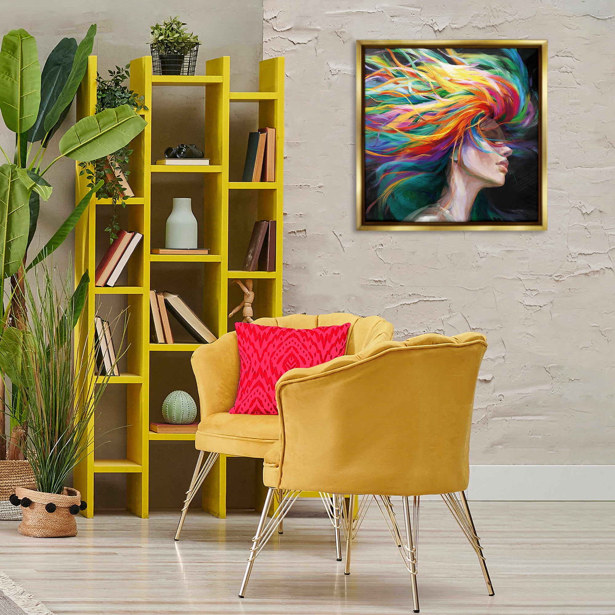 Stupell Industries Woman with Rainbow Hair People Painting Gold Floater Framed Canvas Art Print Wall Art, 25 x 25