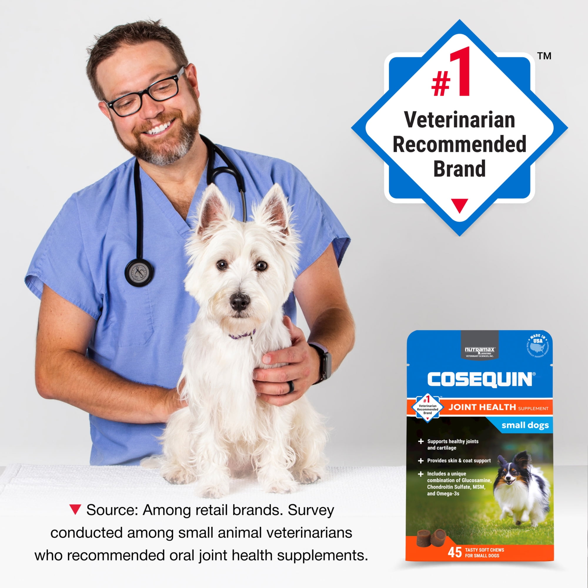(3 pack) Nutramax Cosequin for Small Dogs, Joint Health Supplement, Soft Chews, 45 Count