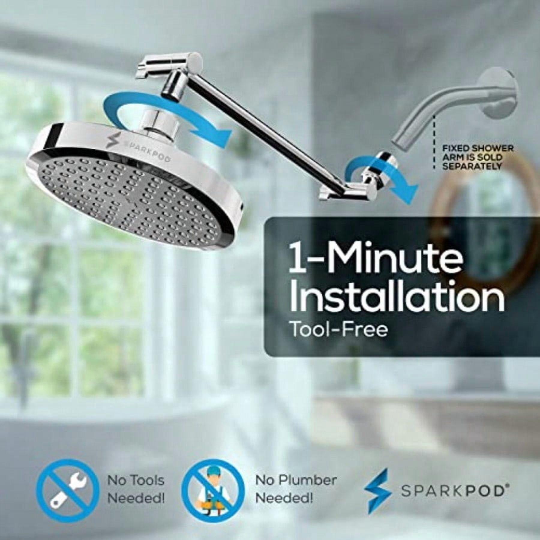 SparkPod Round Rain Shower Head with Extension Arm - Height Adjustable Shower Head with High Prure Performance - Easy 1-Minute Installation 11 Arm Extension Luxury Polished