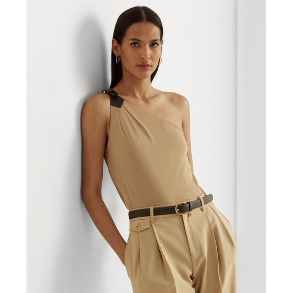 Lauren Ralph Lauren Women’s Buckle Trim Jersey One Shoulder Top, Large, Camel