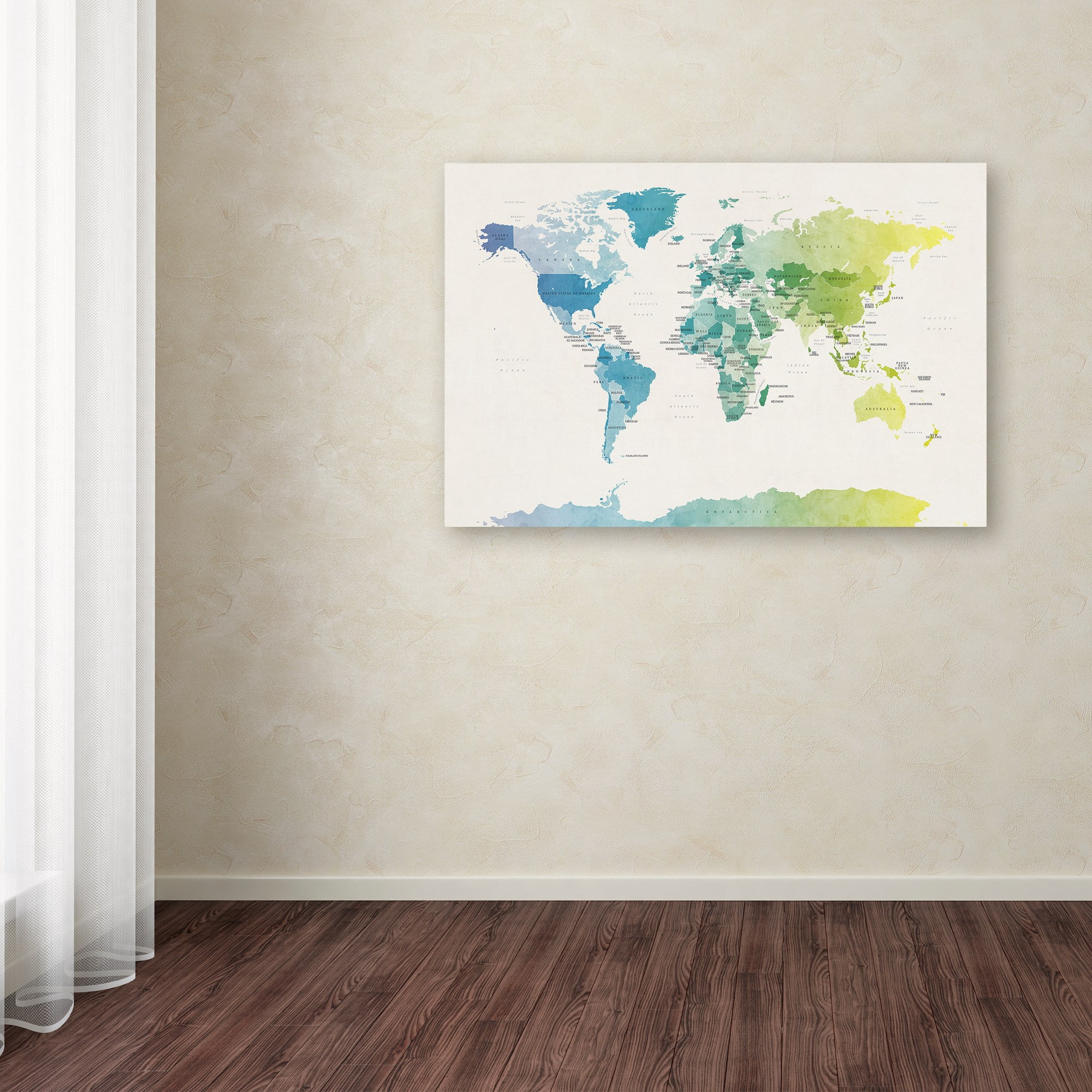Trademark Fine Art "Watercolor Political Map of the World 2" Canvas Art by Michael Tompsett