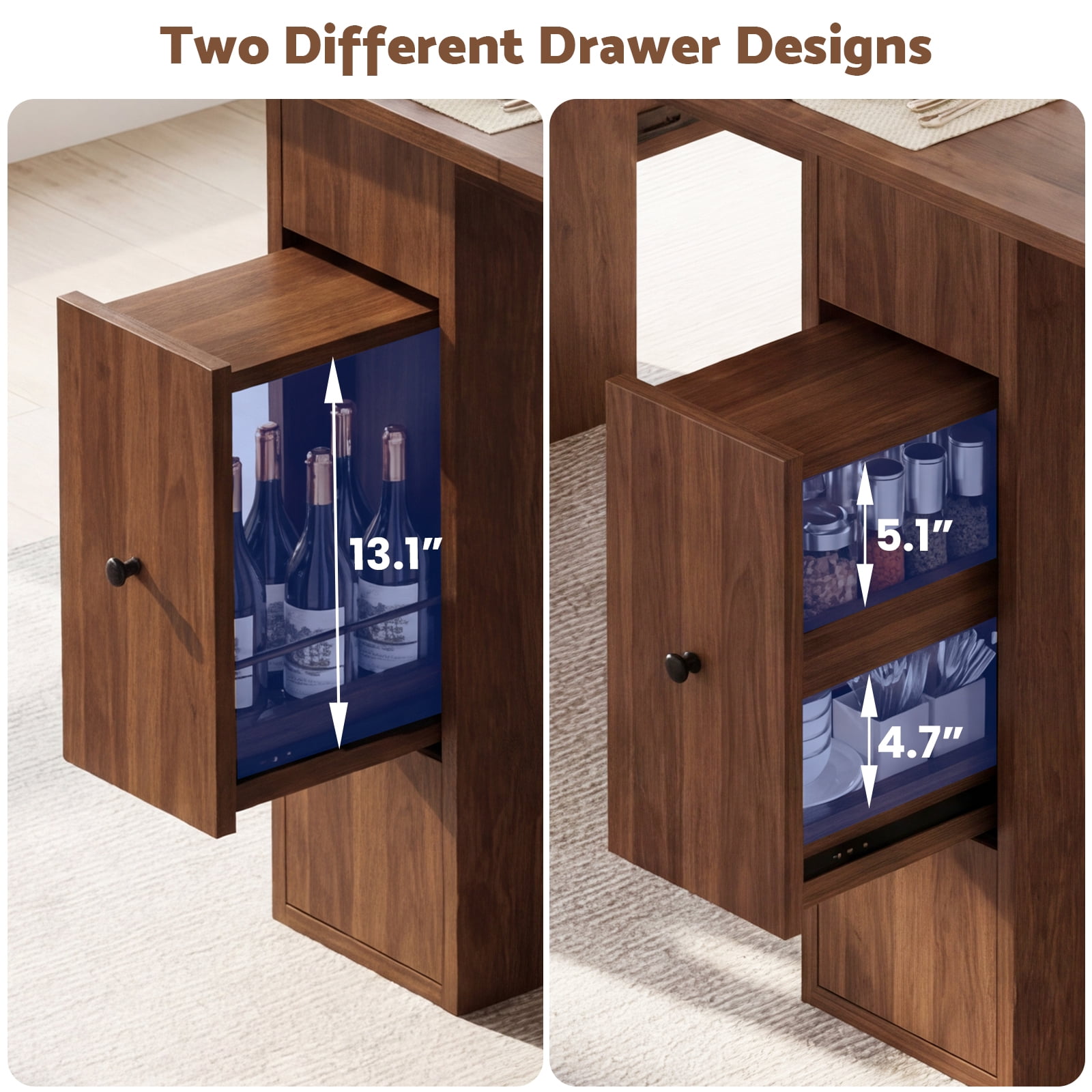 Advwin Extendable Dining Table for 6-10 People, 63" to 79" Space-Saving Folding Table with 4 Storage Drawers, Modern Rectangular Wooden Expandable Table for Dining Room, Kitchen, Office, Walnut